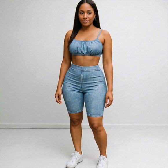 High-waisted Two Piece Blue Short Set - Picture 1 of 7